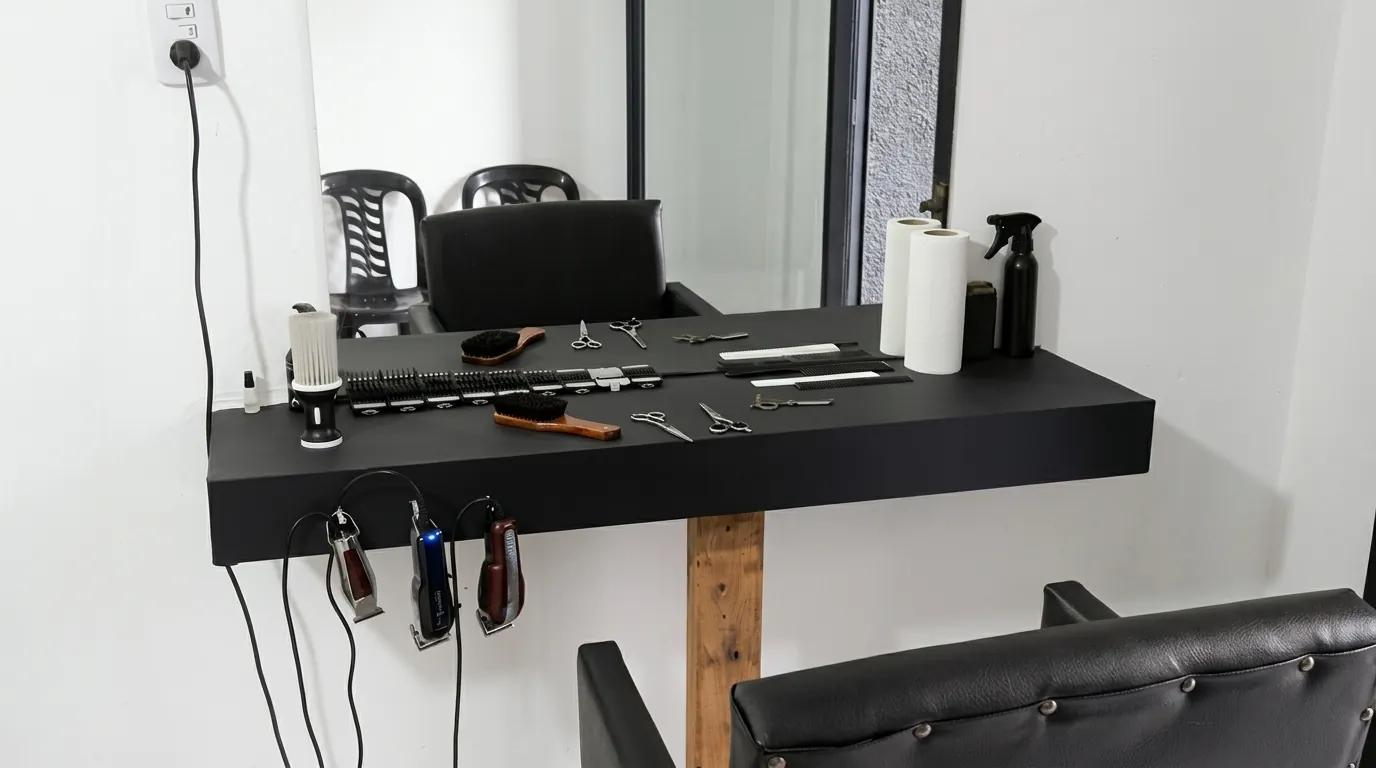 El puesto de trabajo completo: mesada negra sostenida por un poste de madera, espejo de pared y silla de cuero negro.