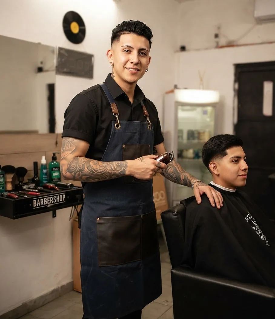 Adentro de la barbería: el puesto de trabajo con la mesada negra, las tijeras y las máquinas de cortar, y la silla de cuero negro.